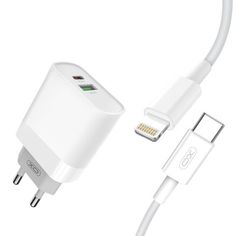 XO ładowarka sieciowa L64 PD QC 3.0 20W 1x USB 1x USB-C biała + kabel USB-C -Lightning