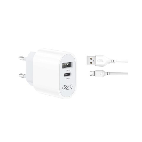 XO ładowarka sieciowa L97 1x USB 1x USB-C 2,4A biała + kabel microUSB