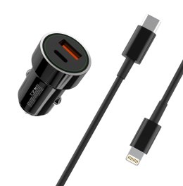 XO ładowarka samochodowa TZ11 PD QC 20W 1x USB 1x USB-C czarna + kabel USB-C - Lightning