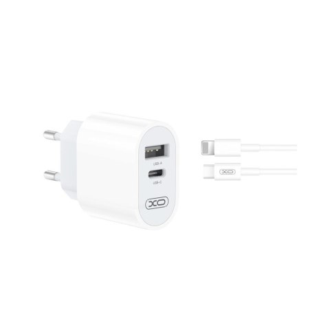 XO ładowarka sieciowa L97 1x USB 1x USB-C 2,4A biała + kabel USB-C -Lightning