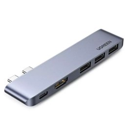 Wielofunkcyjny HUB UGREEN 2x USB Typ C na USB Typ C PD (Thunderbolt 3, 100W, 4K@60 Hz, 10 Gbps) / HDMI 4K@30 Hz / 3x USB 3.0 do 