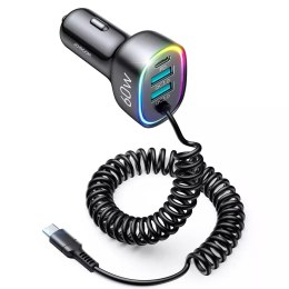 Chargeur de voiture rapide Joyroom 4 en 1 PD, QC3.0, AFC, FCP avec câble USB Type C 1,6 m 60 W noir (JR-CL19)