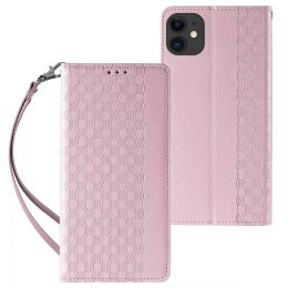 Étui à sangle magnétique pour iPhone 12 pochette portefeuille + mini lanière pendentif rose