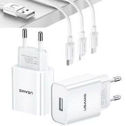 USAMS Ładowarka sieciowa 1x USB T18 2,1A + kabel 3w1(lightning+microUSB+USB-C) biały/white Fast Charging LTXLT18OGXD301