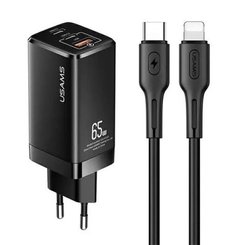 USAMS Ładowarka sieciowa MT 2xUSB-C+USB GaN 65W T33 PD + kabel USB-C-Lightning 30W Fast Charging czarny/black MTXLOGTL01