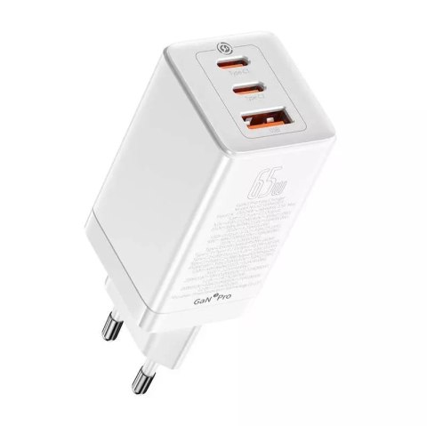 Baseus GaN3 Pro nástěnná nabíječka, 2xUSB-C USB, 65W (bílá)