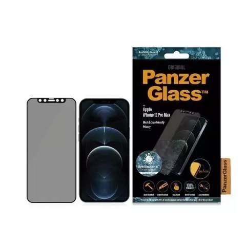 PanzerGlass E2E Super sklo pro iPhone 12 Pro Max Case Friendly Antibakteriální Microfracture Privacy černá/černá