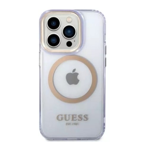 Etui Guess GUHMP14LHTCMU pro iPhone 14 Pro 6,1" purpurově/fialové pevné pouzdro Gold Outline Translucent MagSafe