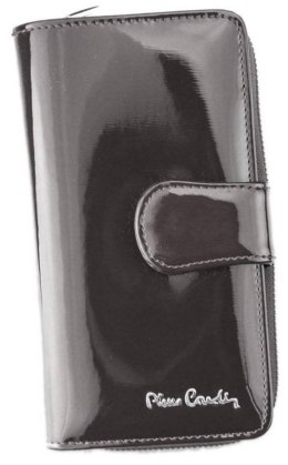 Pionowy, lakierowany portfel damski z opaską na zatrzask — Pierre Cardin