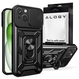 Etui pancerne do iPhone 15 Camshield Case Ring Alogy Stand z osłonką na aparat slide czarne