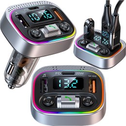 Transmiter samochodowy Bluetooth FM MP3 Szybka Ładowarka 2 x USB QC 3.0 + USB-C C PD 20W LED RGB Alogy Car srebrny