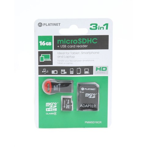 PLATINET 3-in-1 microSD 16GB + CARD READER + ADAPTER [41331]