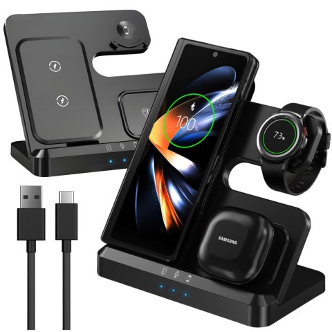 Ładowarka Bezprzewodowa Indukcyjna 3w1 Qi 3.0 Szybka do Samsung S22 S23 S24 Galaxy Watch Buds Stacja czarna