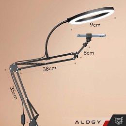 Lampa kreślarska Ring LED Alogy z elastycznym ramieniem i statywem do blatu biurka uchwyt na telefon Czarna