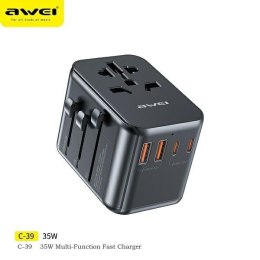 AWEI Adapter siec 2xUSB+3xUSB-C C-39 35W 4w1 US/AU/EU/UK czarny/black Univesal Travel GaN Charger