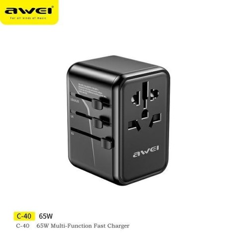 AWEI Adapter siec 2xUSB+3xUSB-C C-40 65W 4w1 US/AU/EU/UK czarny/black Univesal Travel GaN Charger