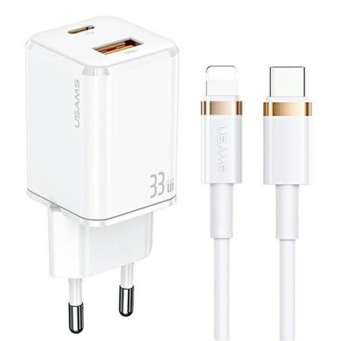 USAMS Ład. siec. 1xUSB-C+1xUSB T43 33W PD3.0 +QC3.0 + kabel U63 USB-C na lightning biały/white USKTZ02