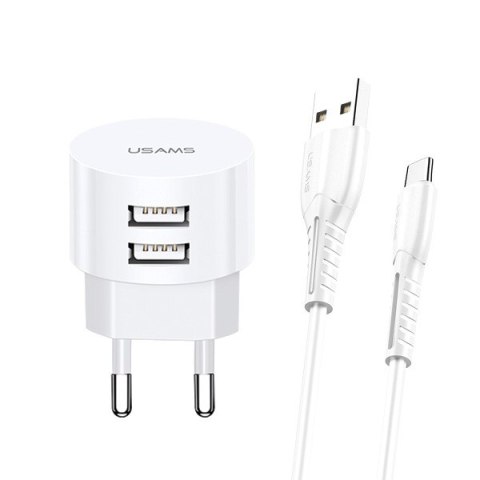 USAMS Ład. siec. 2xUSB T20 2,1A microUSB biały/white round Fast Charging XTXLOGT18MC05