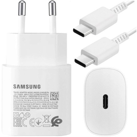 Oryginalna Ładowarka sieciowa USB-C Samsung 25W + Kabel Type C 180cm Premium Super Fast Charge Zestaw Biała