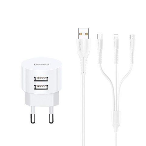 USAMS Ład. siec. 2xUSB T20 2,1A 3w1 (lightning+microUSB+USB-C) biały/white round Fast Charging XTXLOGT203101