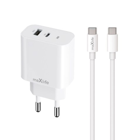 Maxlife ładowarka sieciowa PD QC MXTC-06-20AC 1x USB-C 1x USB 20W biała + kabel USB-C - USB-C 20W