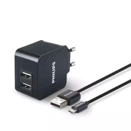 Ładowarka sieciowa 2A+1A czarna Philips + kabel Micro USB 3100mA 2xUSB Dual 15.5W Quick Charge dlp2307u/12