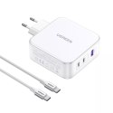 Ładowarka sieciowa GaN Ugreen Nexode USB-A/2xUSB-C 140W + kabel USB-C 1.5m - Biały