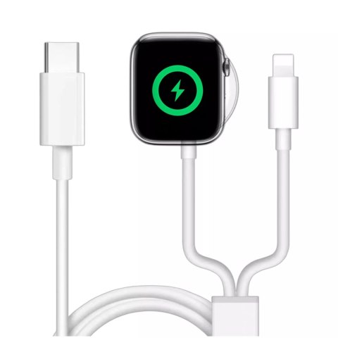 Kabel ładowarka indukcyjna magnetyczna 2w1 do Apple Watch, iPhone przewód 1M Lightning USB-C Alogy Biały