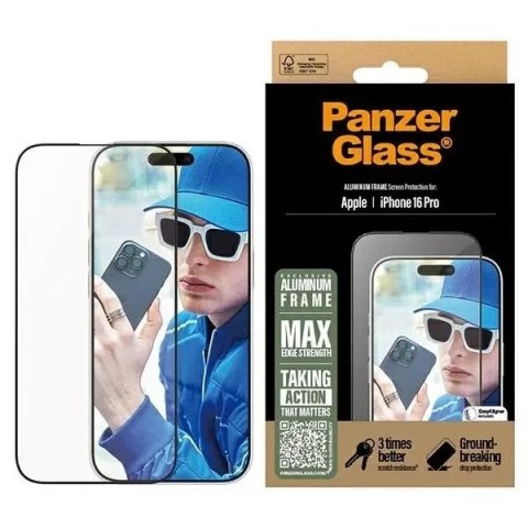 Szkło hartowane do iPhone 16 Pro PanzerGlass Screen Protector Aluminum Frame Ultra-Wide Fit z aluminiową ramką