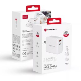 Ładowarka sieciowa 3w1 FORCELL F-ENERGY Typ C + USB A PD QC4.0 3A 45W z wymiennymi wtyczkami Biała