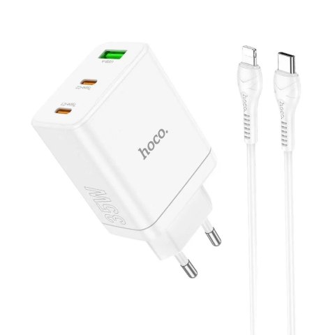 Ładowarka sieciowa HOCO 2 x Typ C + USB A + kabel Typ C do Lightning PD QC3.0 3A 35W Biała