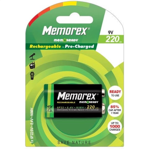 MEMOREX RECHARGEABLE ACCUMULATOR 220mAh 6F22x1 (9V) x 1 BL Ready NiMH A0050