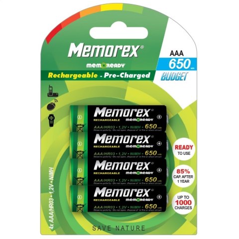 MEMOREX RECHARGEABLE ACCUMULATOR 650mAh HR3 R03/AAA x 4 BL Ready Budget DECT A0784