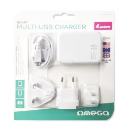 OMEGA CHARGER 4-PORT USB 4A WHITE US + EU + UK plug [42674]