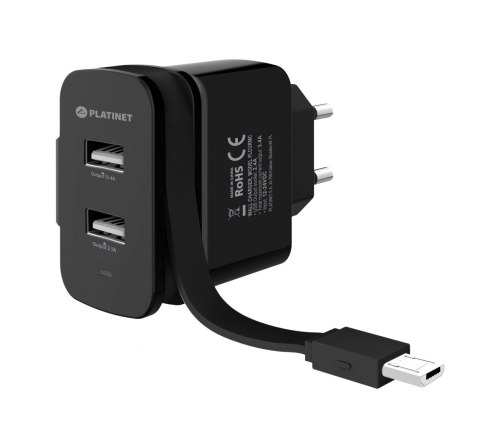 PLATINET WALL CHARGER ŁADOWARKA ŚCIENNA 2xUSB + ROLLING CABLE KABEL MICRO 3.4A 17W [44653] TE