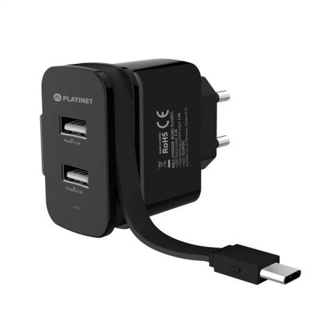 PLATINET WALL CHARGER ŁADOWARKA ŚCIENNA 2xUSB + ROLLING CABLE KABEL Type-C 3.4A 17W [44654] TE