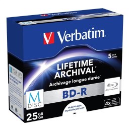 VERBATIM BD-R BLU-RAY 25GB 4X PRINTABLE M-DISC ARCHIVAL JEWEL CASE*5 43823