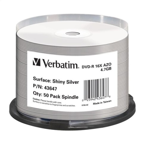 VERBATIM DVD-R 4,7GB 16X PRINTABLE THERMAL SHINY SILVER CAKE*50 43647 PRO