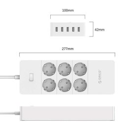 Listwa zasilająca Orico, 6 gniazd + 5x USB, 4000W (biała)