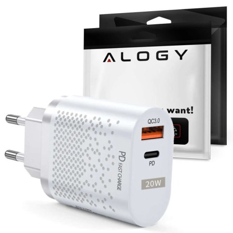 Ładowarka sieciowa Alogy szybka USB + USB-C Type C QC 3.0 PD 20W Biała