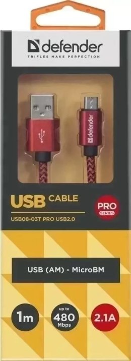 KABEL DEFENDER USB AM-MICRO BM 1.0m 2.1A CZERWONY