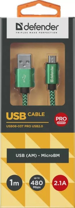 KABEL DEFENDER USB AM-MICRO BM 1.0m 2.1A ZIELONY