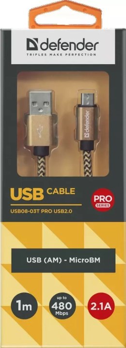 KABEL DEFENDER USB AM-MICRO BM 1.0m 2.1A ZŁOTY