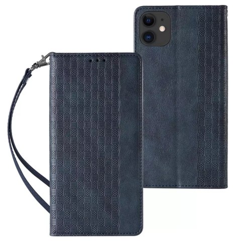 Étui à sangle aimantée pour iPhone 12 pochette portefeuille + mini lanière pendentif bleu