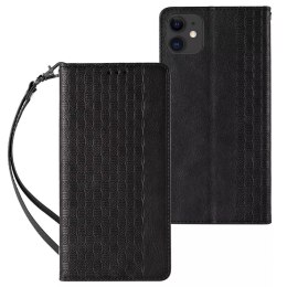 Étui à sangle aimantée pour iPhone 12 pochette portefeuille + mini lanière pendentif noir