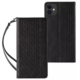 Étui à sangle aimantée pour iPhone 13 pochette portefeuille + mini lanière pendentif noir