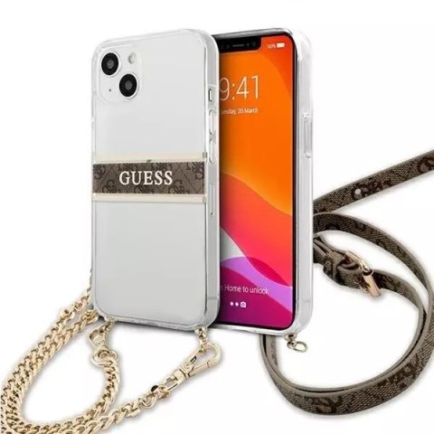 Guess GUHCP13SKC4GBGO iPhone 13 mini 5,4" Etui rigide transparent 4G Bracelet Marron Chaîne Or