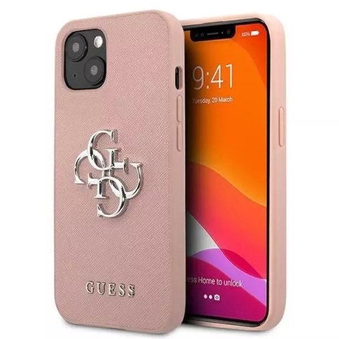 Guess GUHCP13SSA4GSPI iPhone 13 mini 5,4" coque rigide rose / rose Saffiano 4G Logo Métal