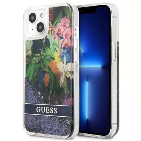 Guess GUHCP13MLFLSB iPhone 13 6.1" étui rigide bleu / bleu Flower Liquid Glitter