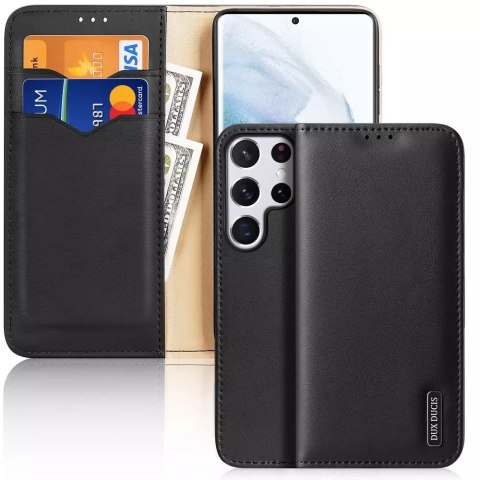 Dux Ducis Hivo Leather Flip Cover Portefeuille en cuir véritable pour cartes et documents Samsung Galaxy S22 Ultra Noir